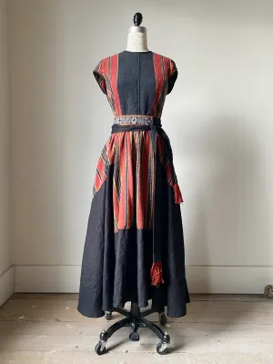 lillian dress in patched handwoven textile from thailand with black linen