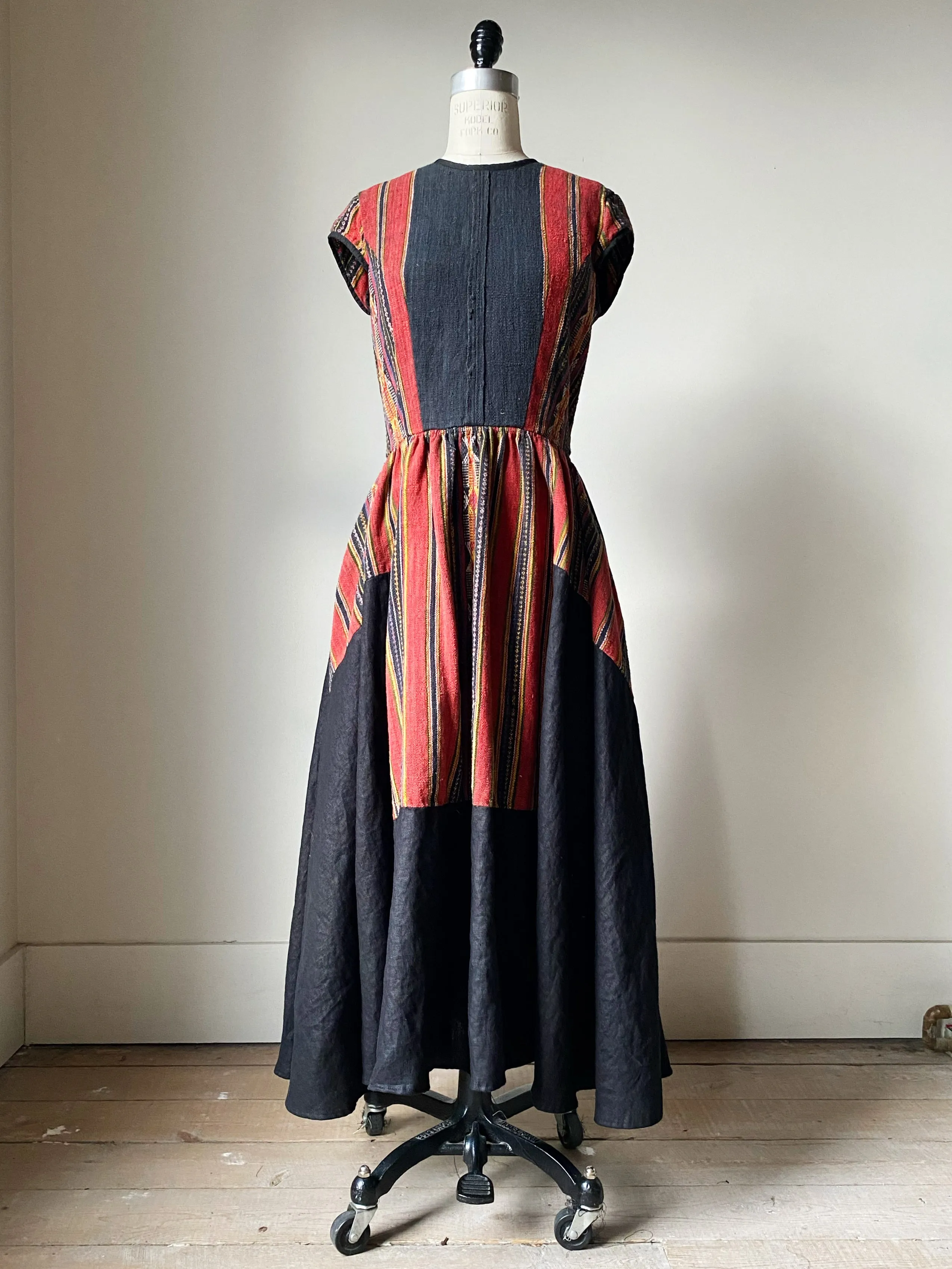 lillian dress in patched handwoven textile from thailand with black linen