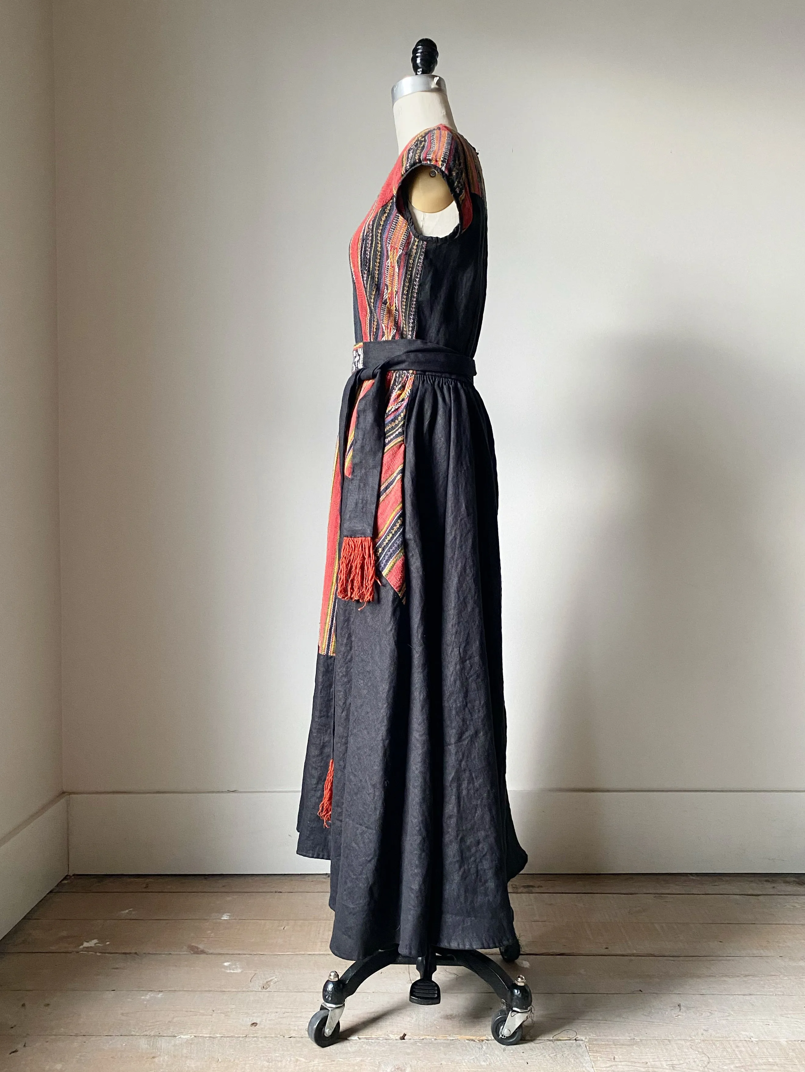 lillian dress in patched handwoven textile from thailand with black linen