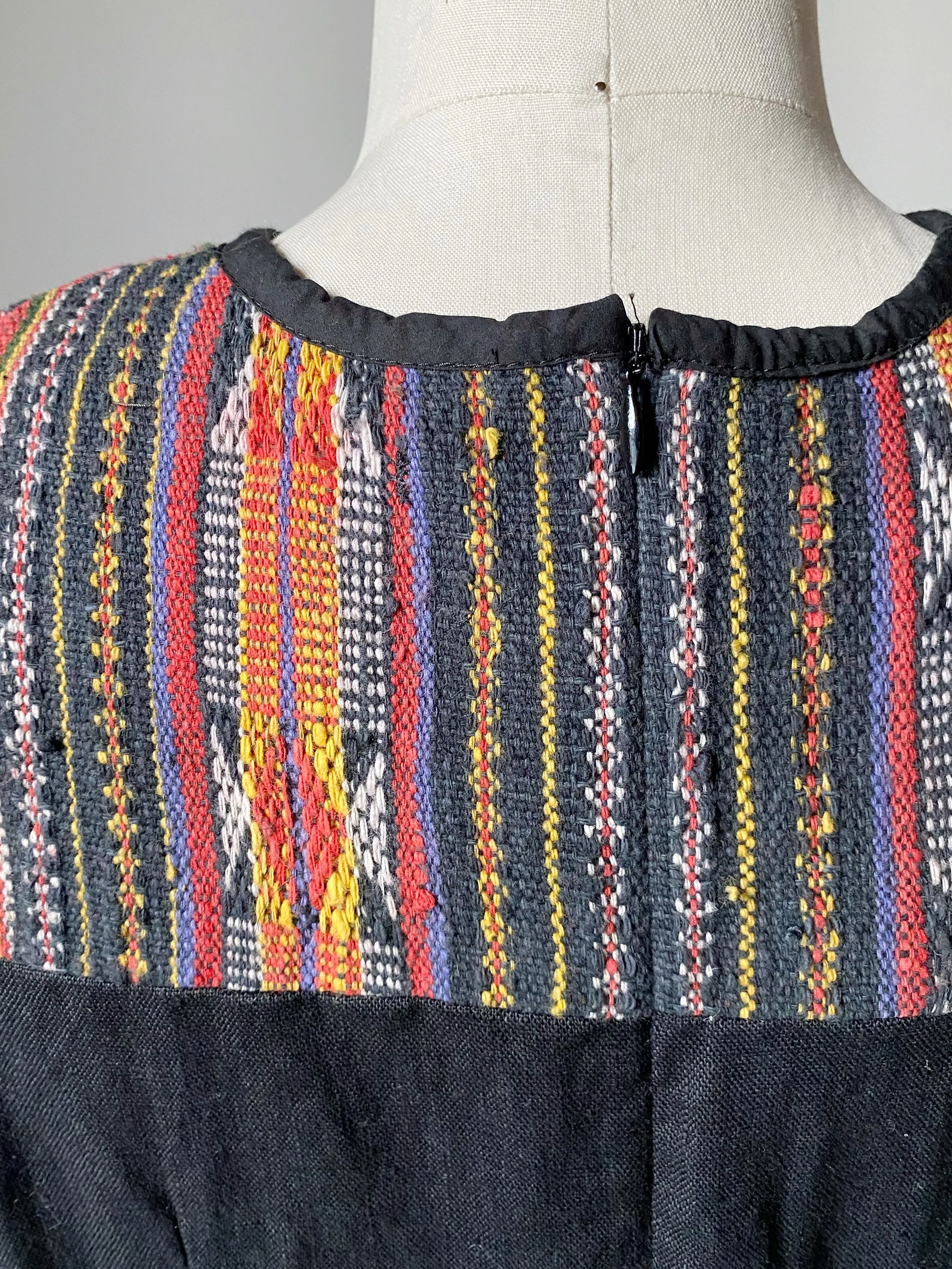 lillian dress in patched handwoven textile from thailand with black linen