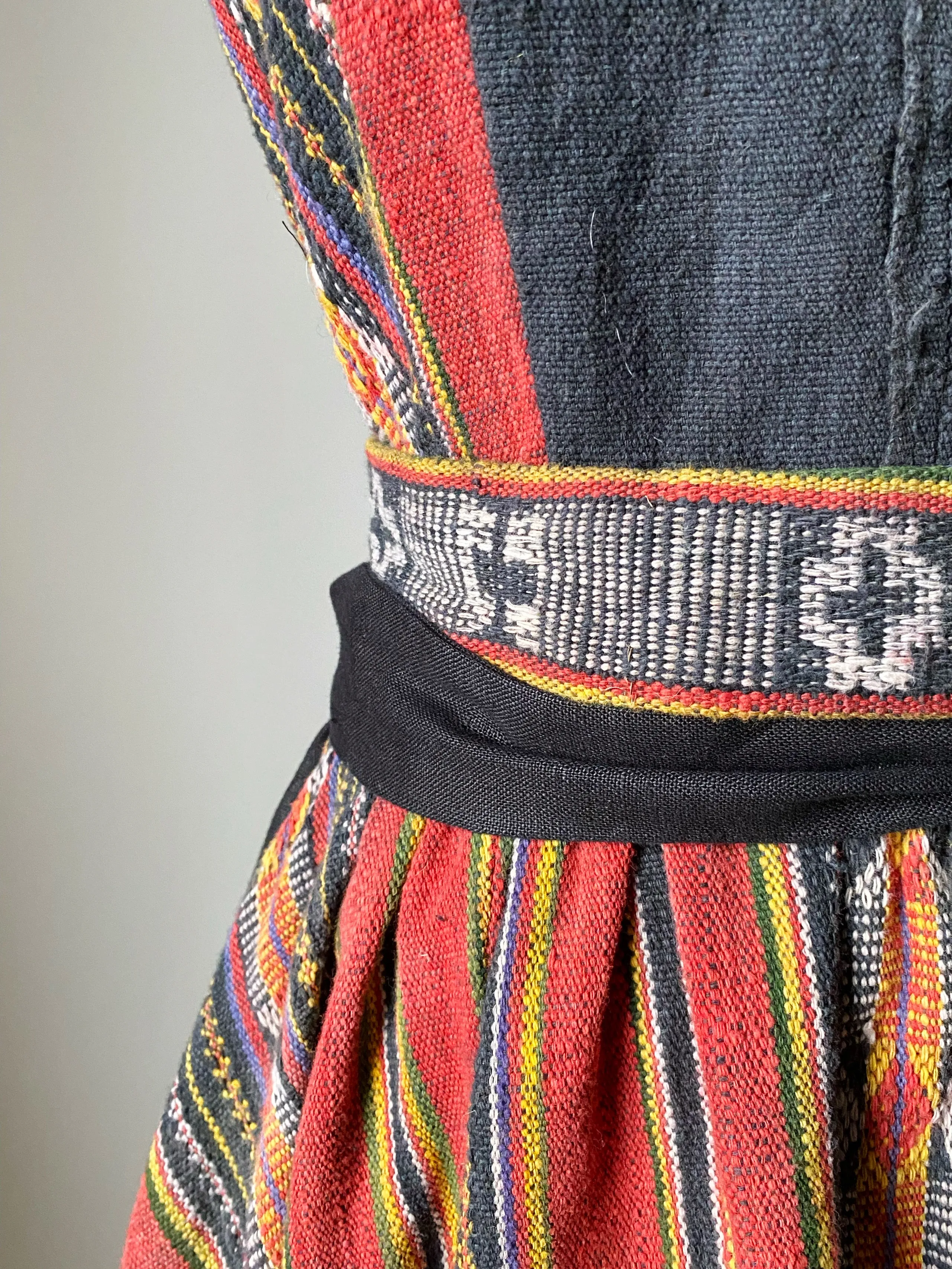 lillian dress in patched handwoven textile from thailand with black linen