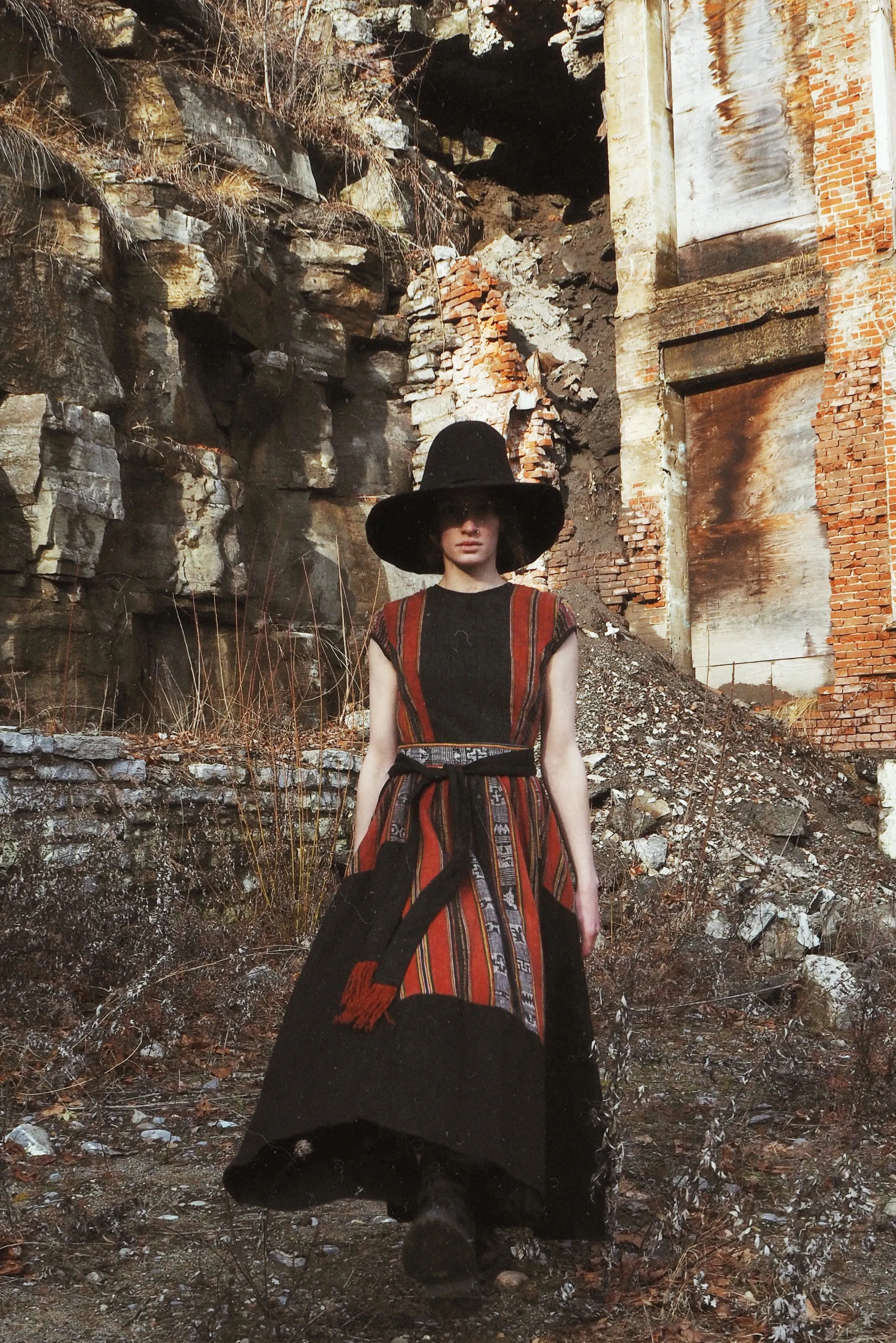 lillian dress in patched handwoven textile from thailand with black linen