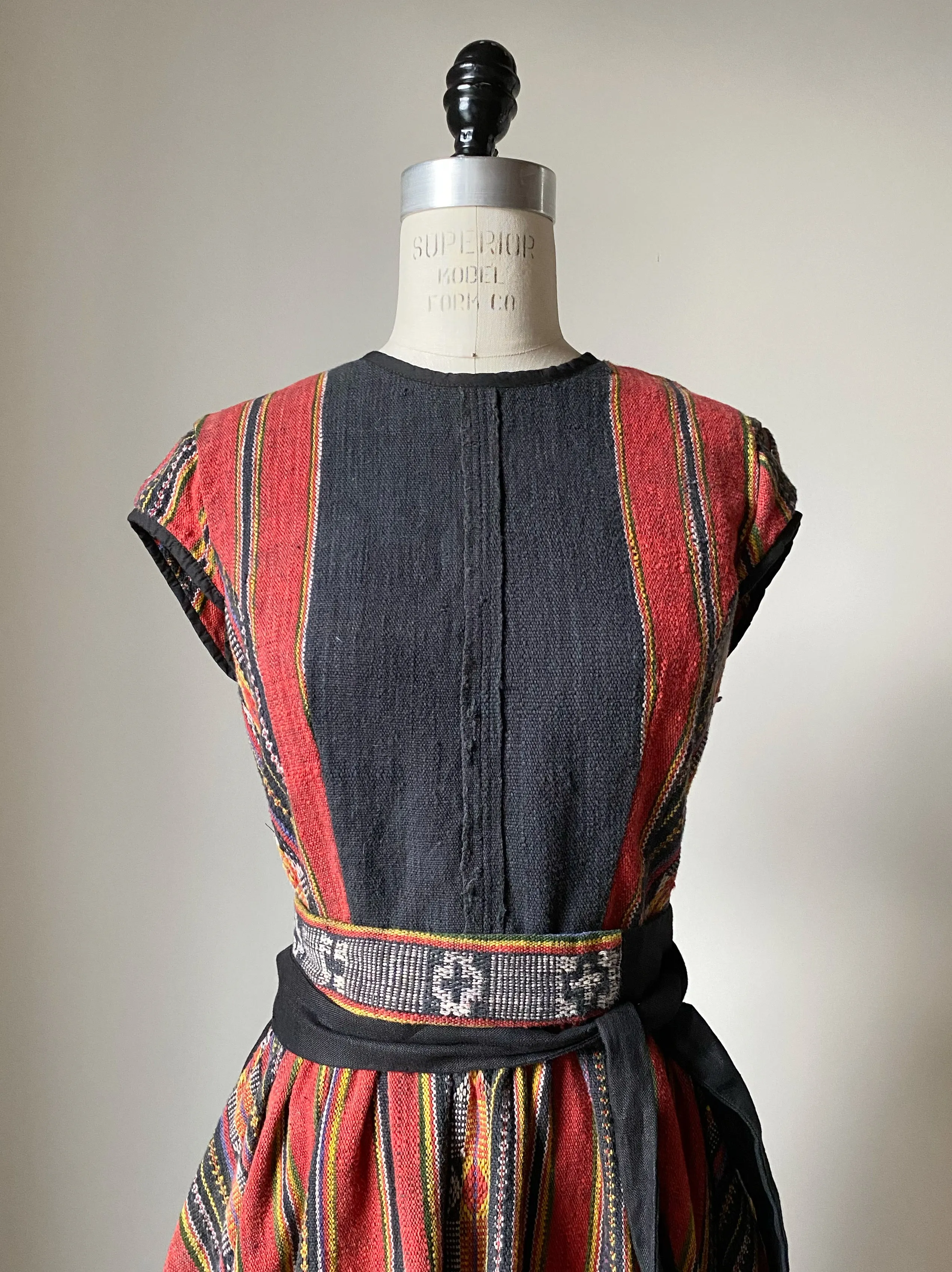 lillian dress in patched handwoven textile from thailand with black linen
