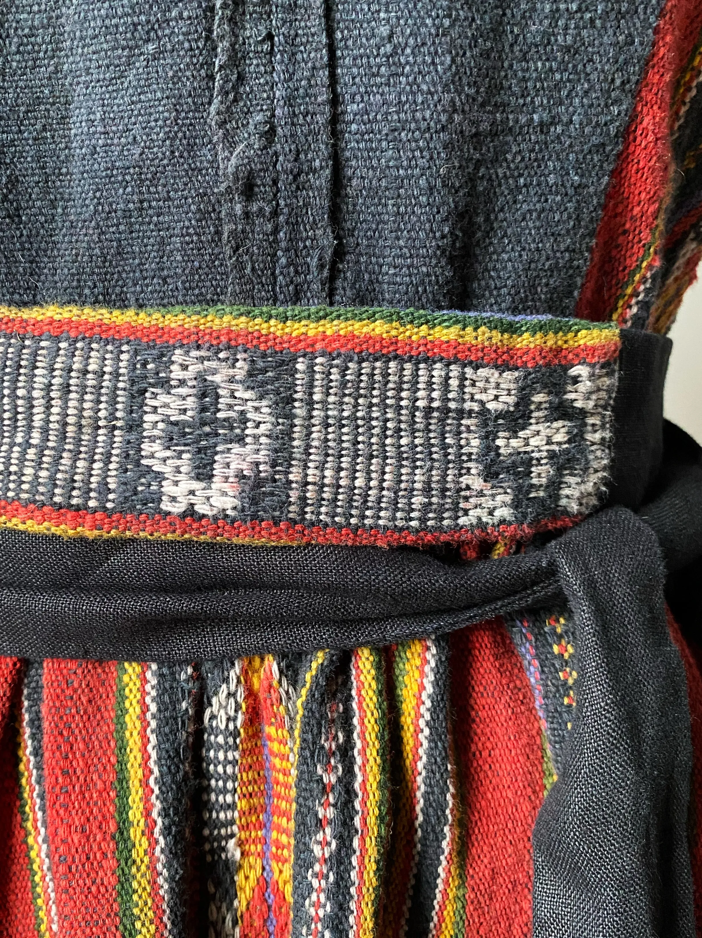lillian dress in patched handwoven textile from thailand with black linen