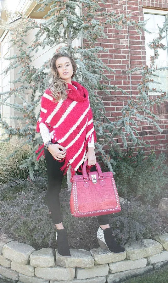 Lily | Crochet Striped Sweater Poncho Beige & White