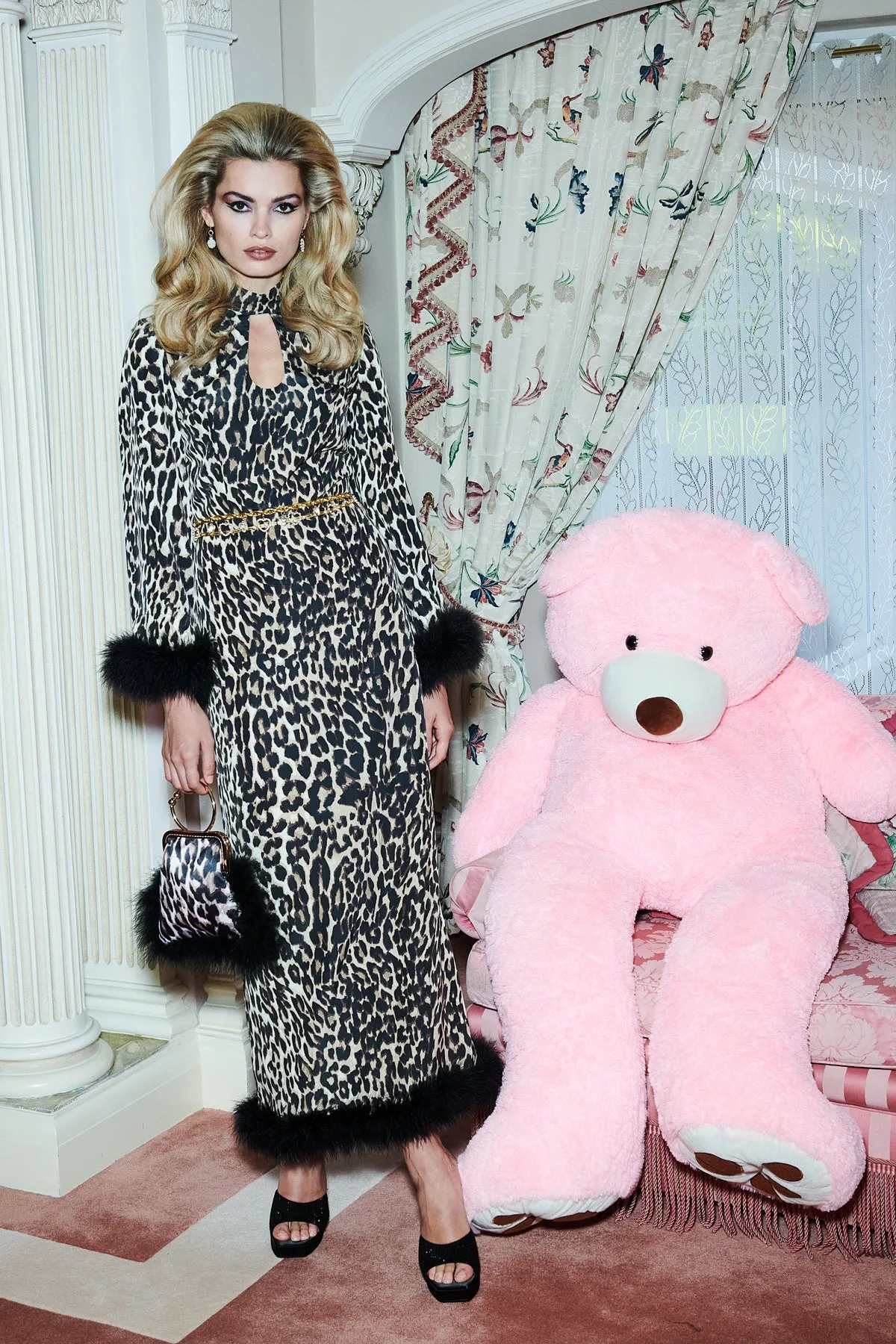 Liz Leopard Print Maxi Dress Trimmed in Marabou- Made to Order