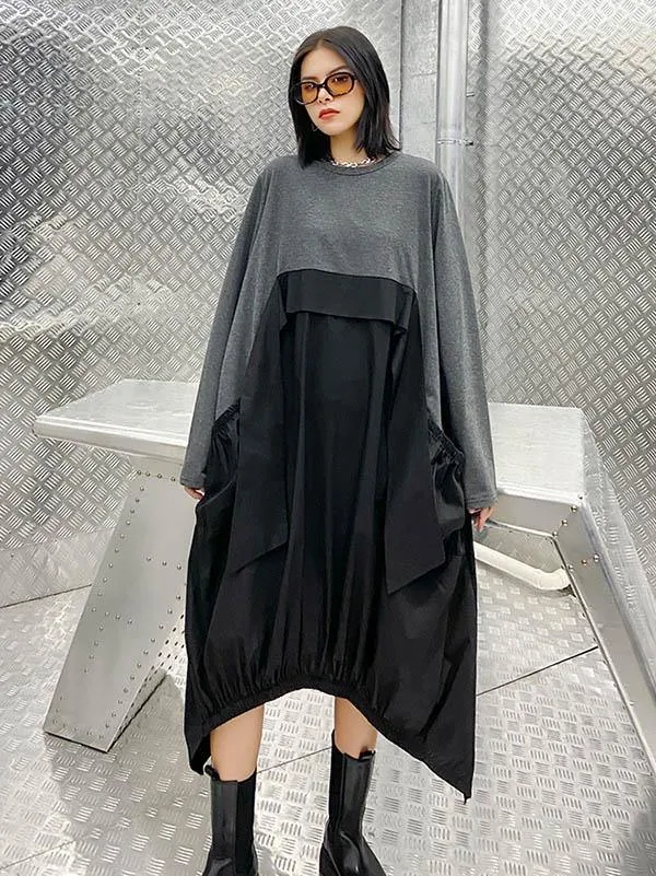 Loose Split-Joint Round-Neck Long Dress