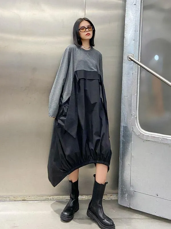 Loose Split-Joint Round-Neck Long Dress