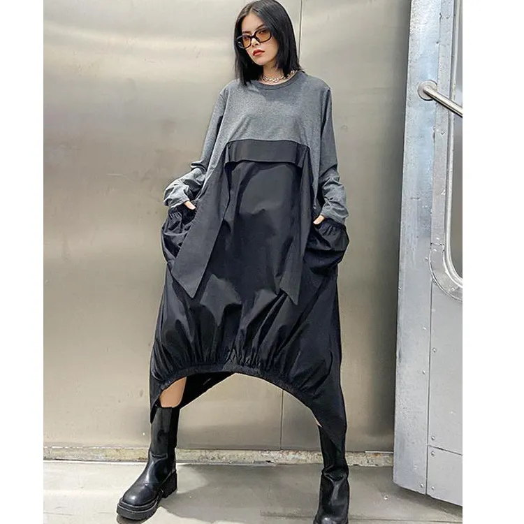 Loose Split-Joint Round-Neck Long Dress