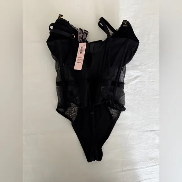 Love by Victoria’s Secret Lightly Lined Lace Trim Black Sheer Teddy Bodysuit XS