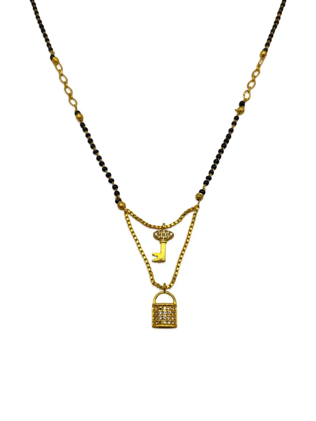 Modern Stylish Short Mangalsutra Designs Double Layer With Lock & Key Pendant Black Beads Chain