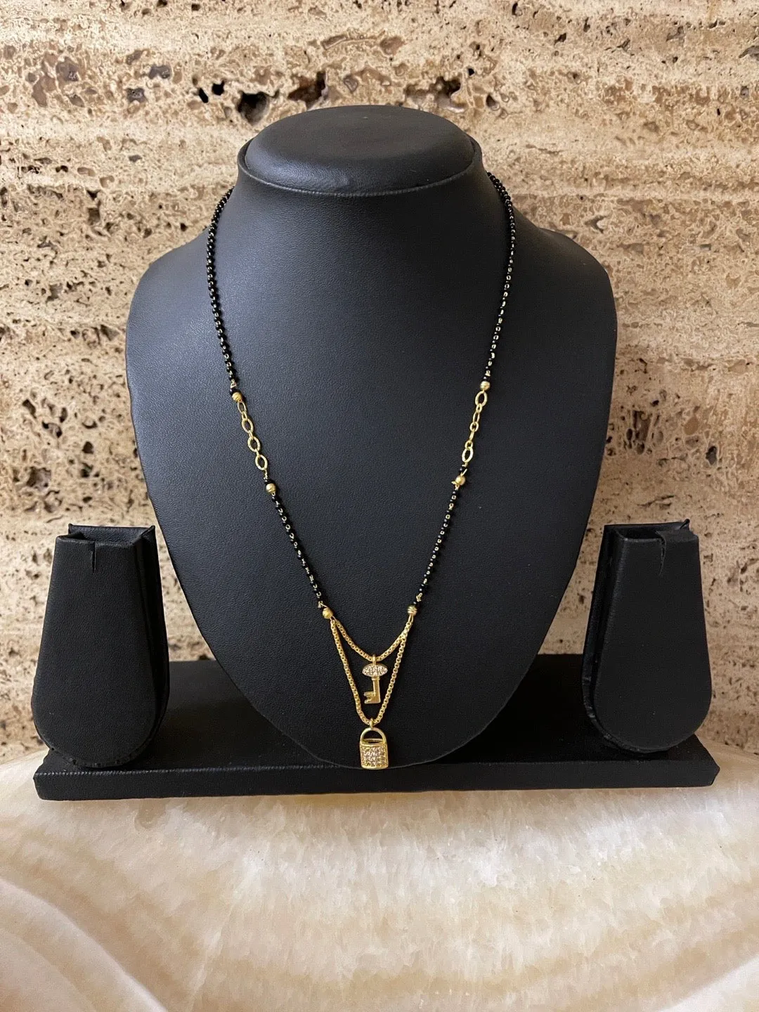 Modern Stylish Short Mangalsutra Designs Double Layer With Lock & Key Pendant Black Beads Chain