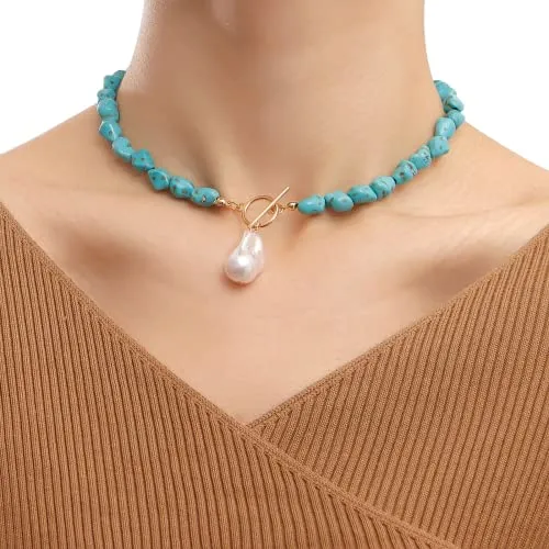 Natural Turquoise Necklace with Pearl Pendant