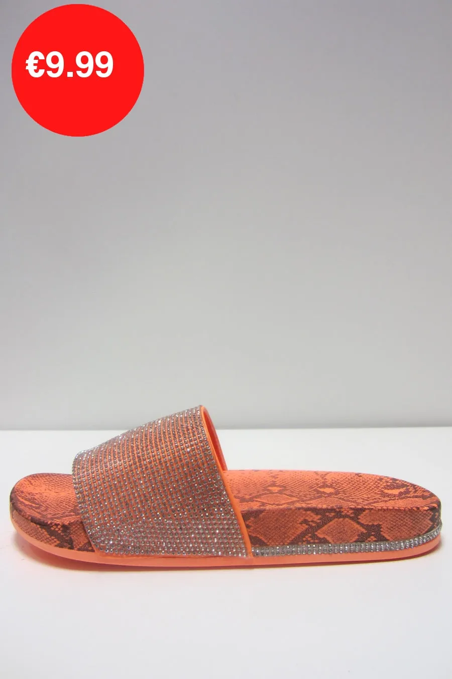 Neon Orange Snake Print Diamante Slider