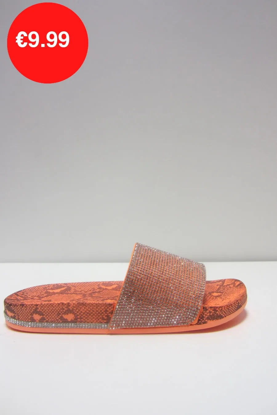 Neon Orange Snake Print Diamante Slider