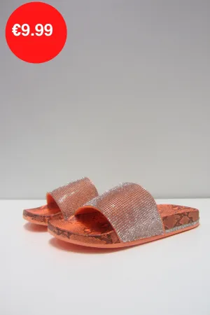 Neon Orange Snake Print Diamante Slider