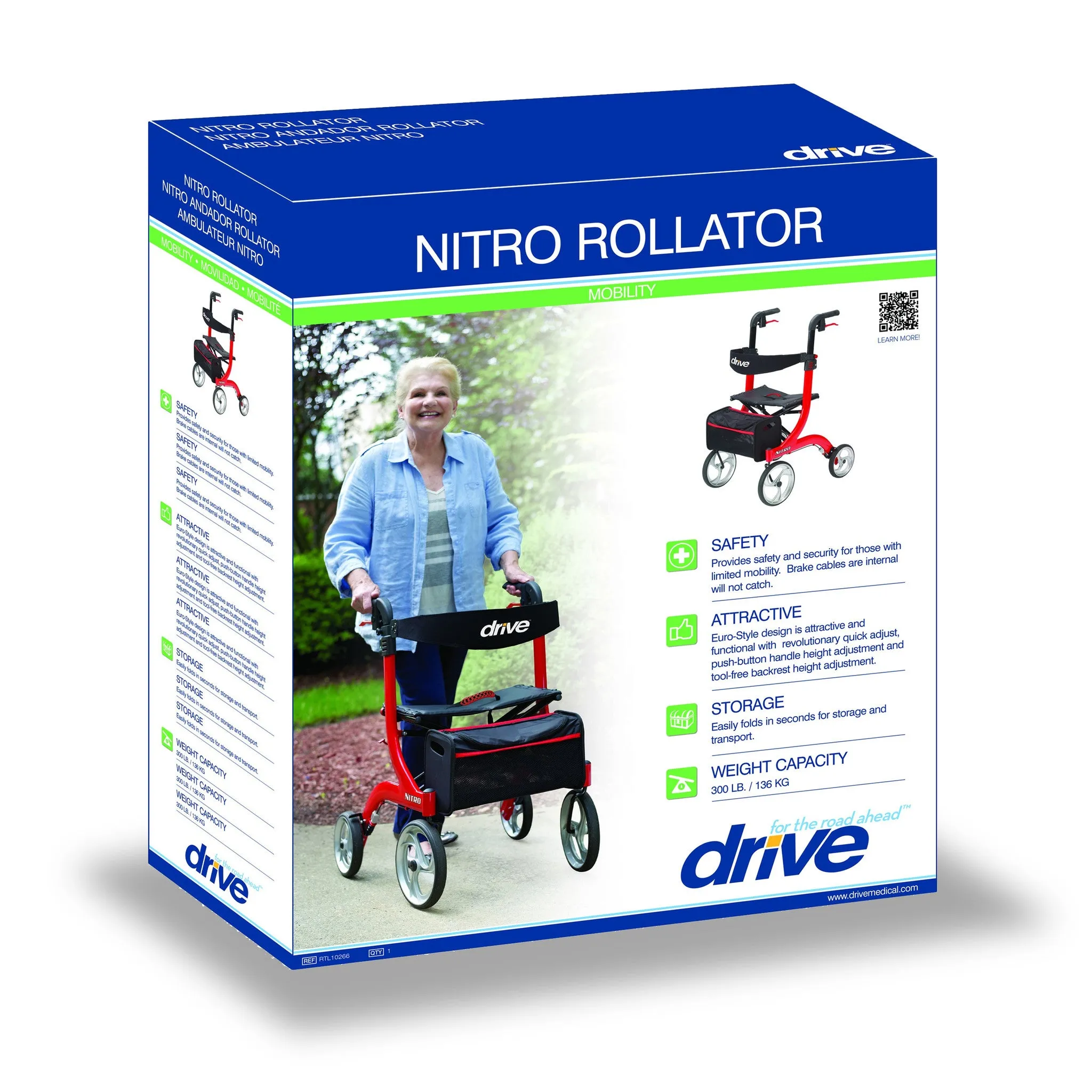 Nitro Aluminum Rollator, Tall Height, 10" Casters