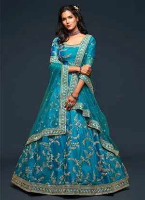 Peacock Blue And Gold Silk Embroidered Stylish Lehenga Choli