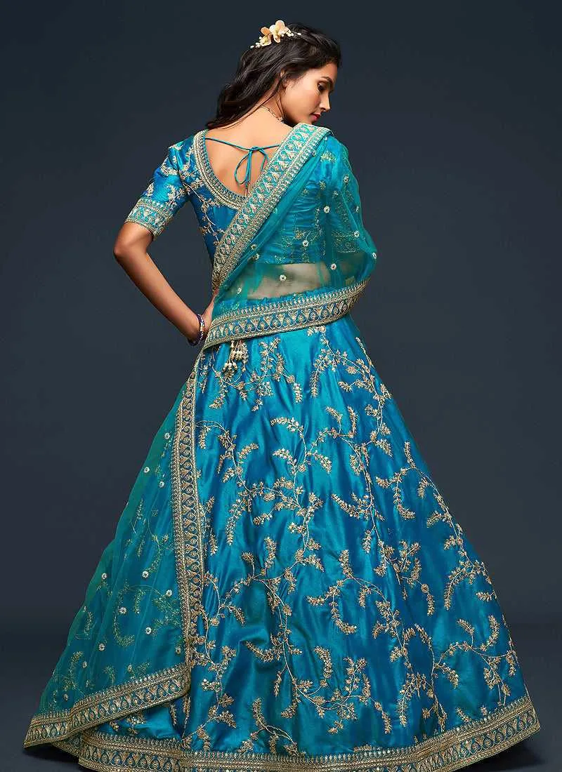 Peacock Blue And Gold Silk Embroidered Stylish Lehenga Choli