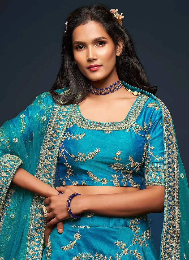 Peacock Blue And Gold Silk Embroidered Stylish Lehenga Choli