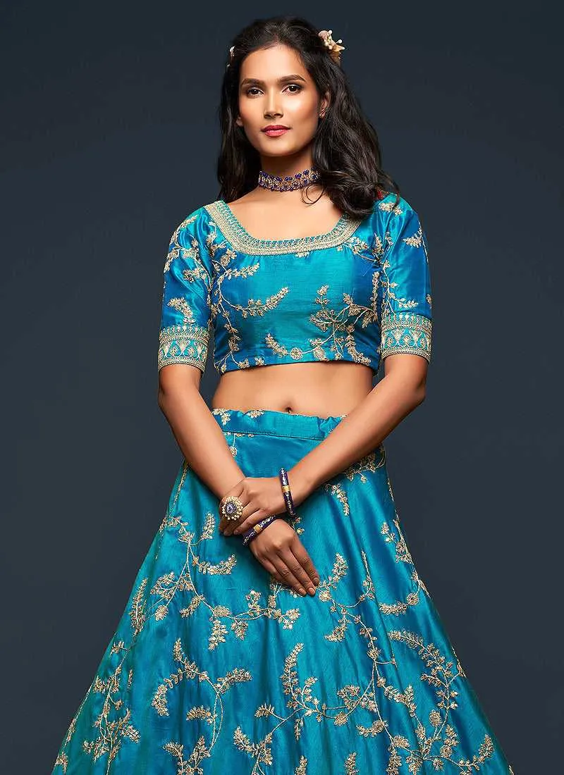 Peacock Blue And Gold Silk Embroidered Stylish Lehenga Choli