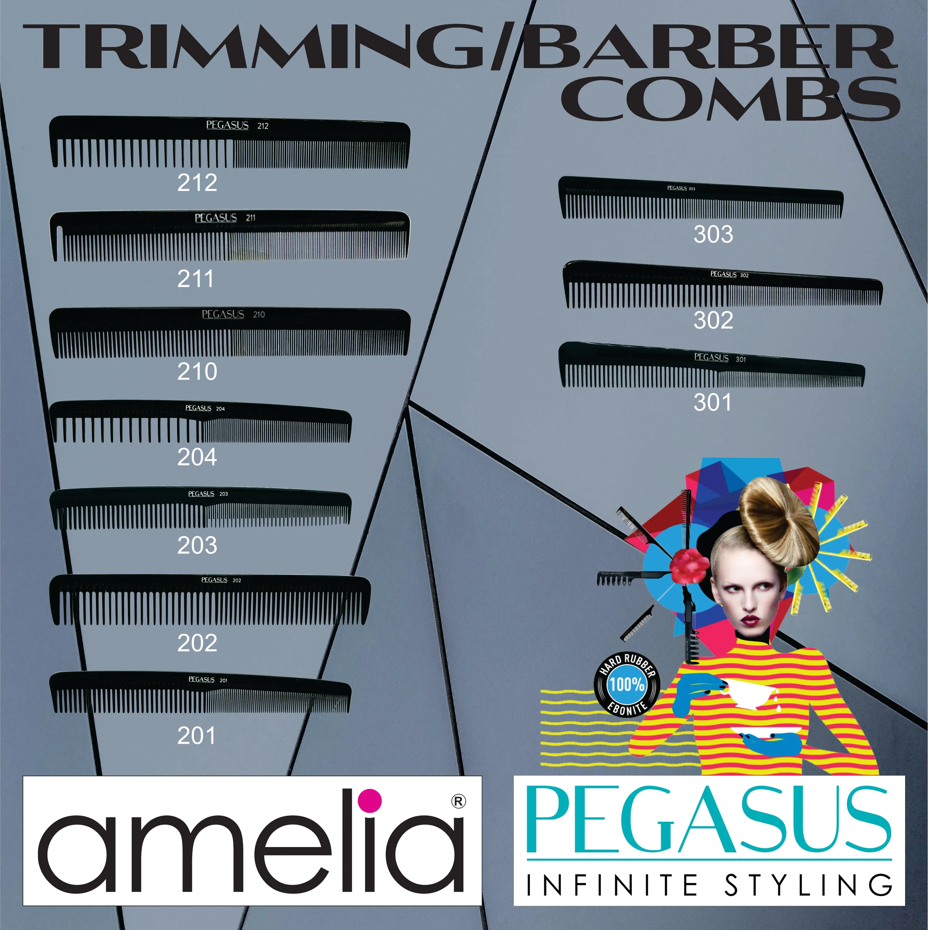 Pegasus 301, 7in Hard Rubber Heavy Barber Comb, Handmade, Seamless, Smooth Edges, Anti Static, Heat and Chemically Resistant, Wet Hair, Everyday Grooming Comb | Peines de goma dura - Black