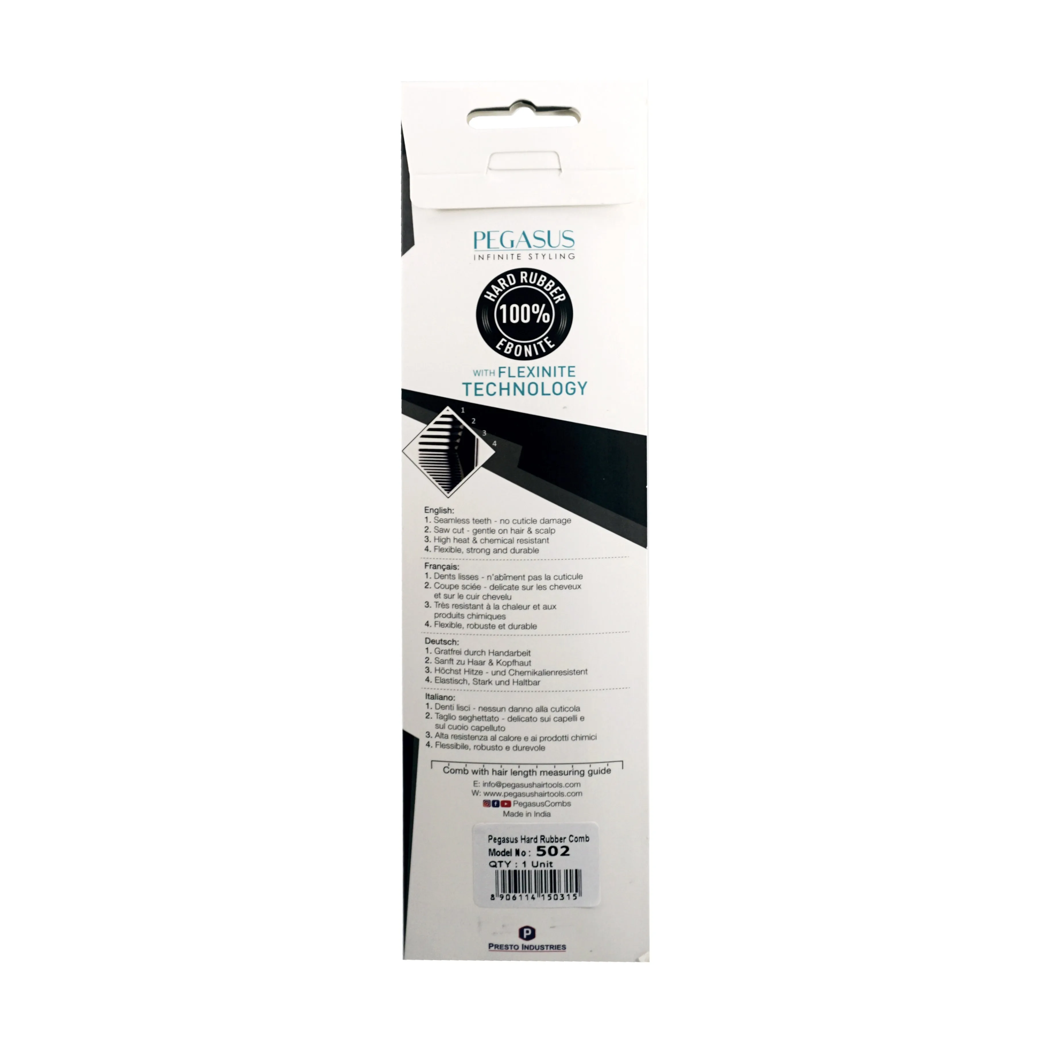 Pegasus 502, 9in Hard Rubber Wide Tooth Handle Comb, Handmade, Seamless, Smooth Edges, Anti Static, Heat and Chemically Resistant, Wet Hair, Everyday Grooming Comb | Peines de goma dura - Black