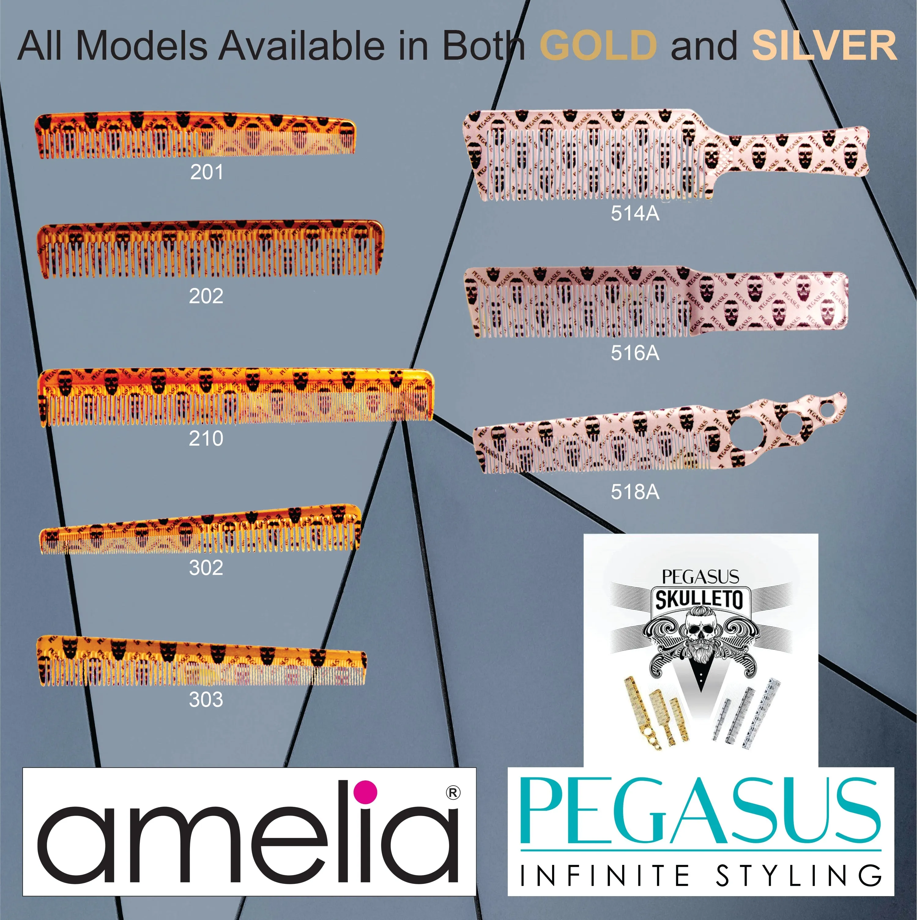 Pegasus Skulleto 210, 8in Hard Rubber  Cutting Comb, Handmade, Seamless, Smooth Edges, Anti Static, Heat and Chemically Resistant, Wet Hair, Everyday Grooming Comb | Peines de goma dura - Silver