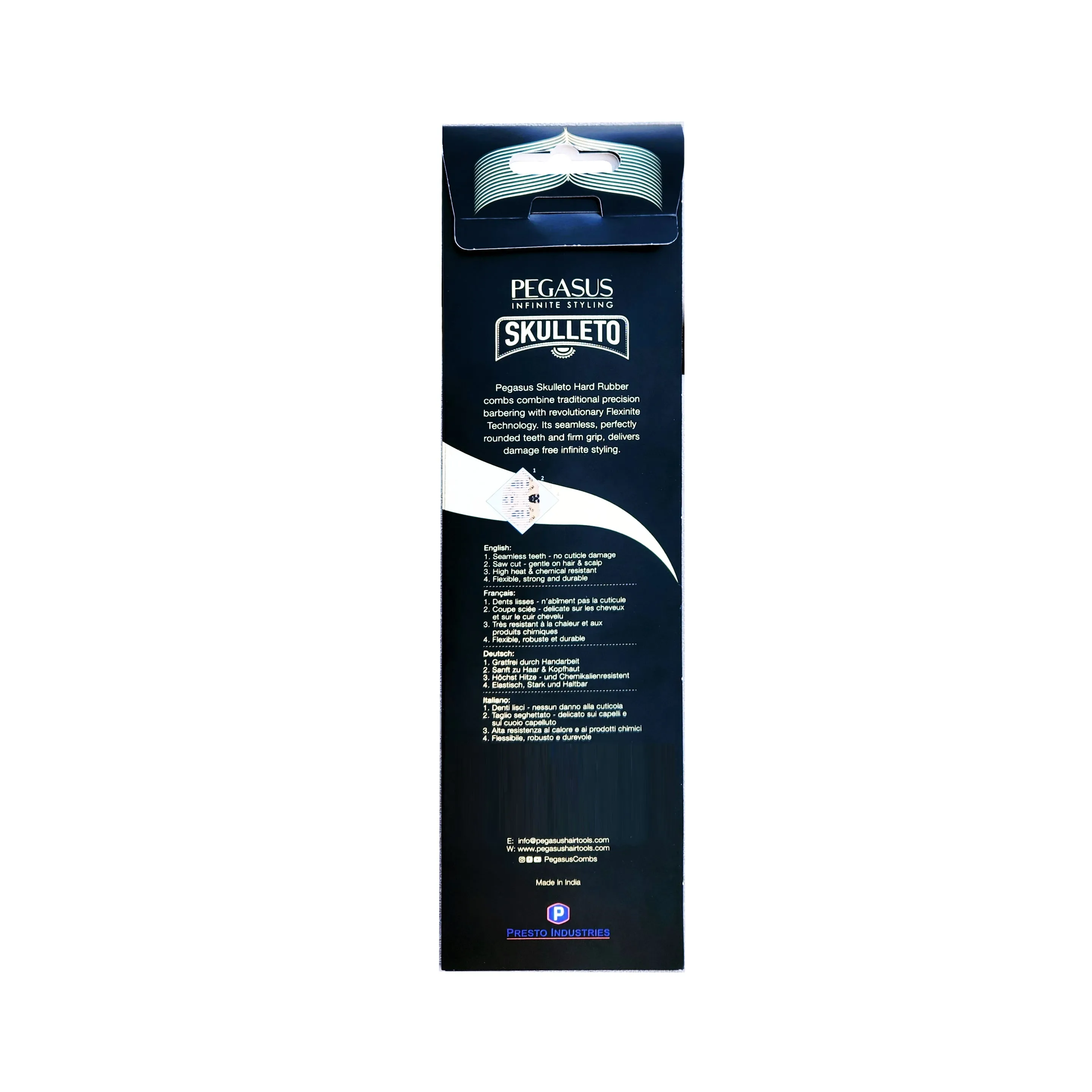Pegasus Skulleto 302, 7in Hard Rubber Barber Comb with Extra Fine Teeth, Seamless, Smooth Edges, Anti Static, Heat and Chemically Resistant, Wet Hair, Everyday Grooming Comb | Peines de goma dura - Gold