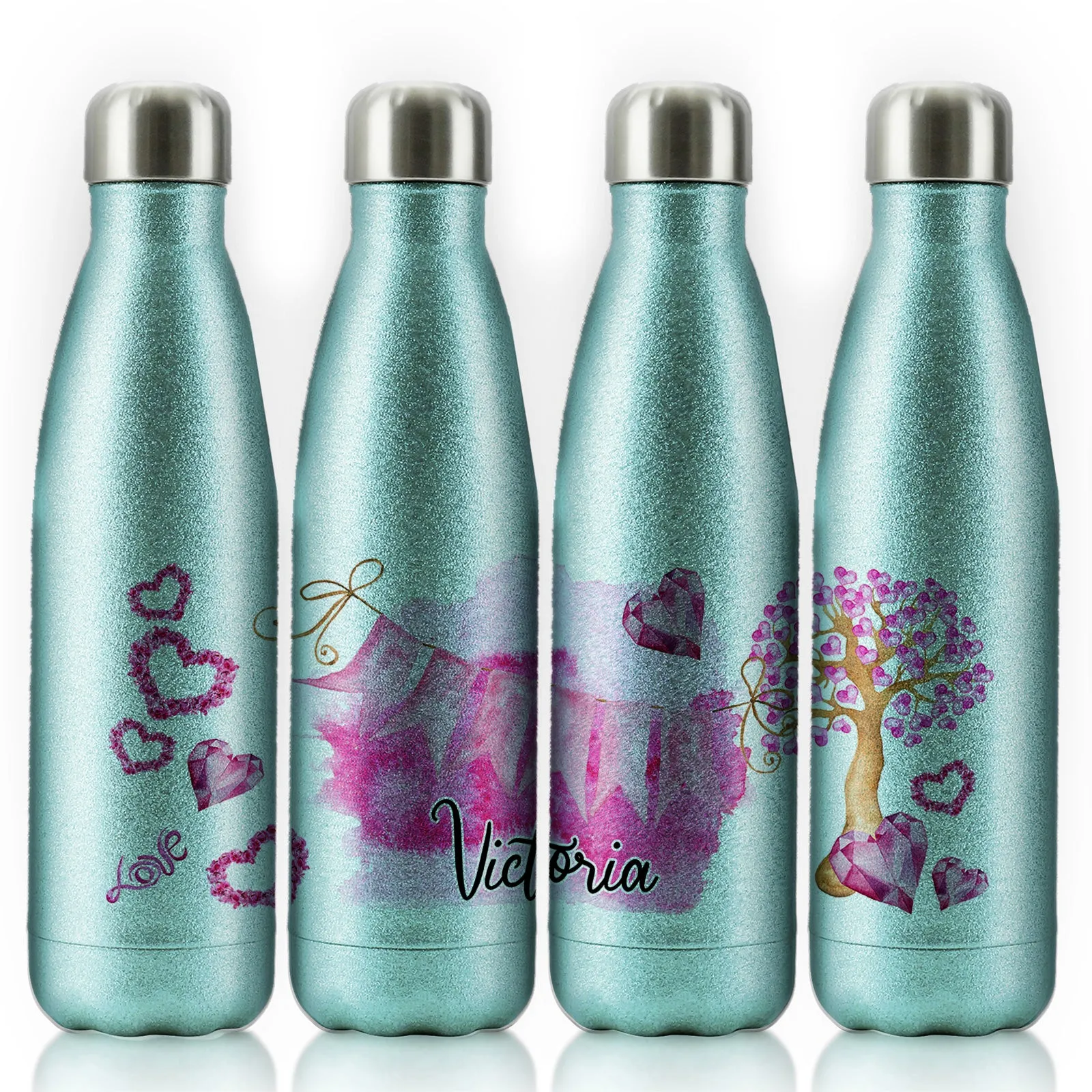 Personalised Cola Bottle with Stylish Text and Pink Love Landscape Print
