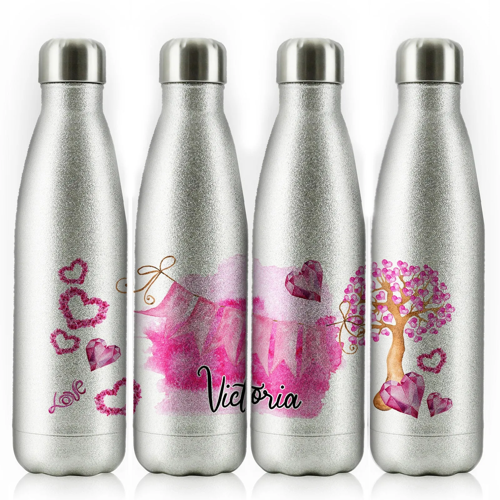 Personalised Cola Bottle with Stylish Text and Pink Love Landscape Print