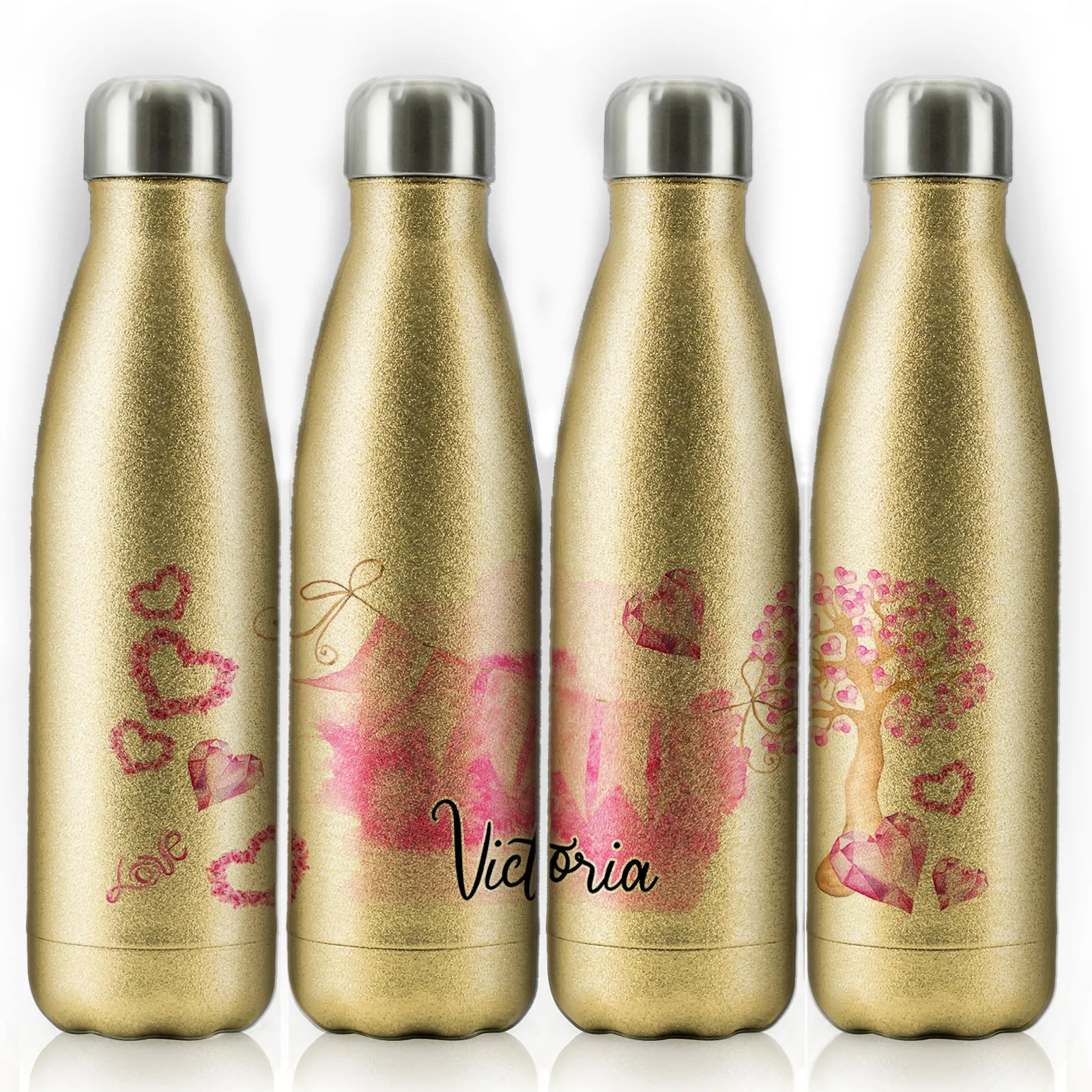 Personalised Cola Bottle with Stylish Text and Pink Love Landscape Print