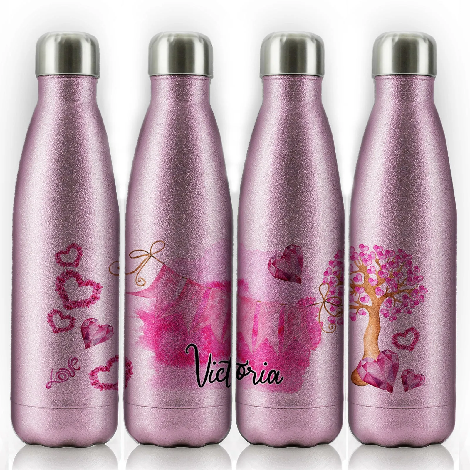 Personalised Cola Bottle with Stylish Text and Pink Love Landscape Print