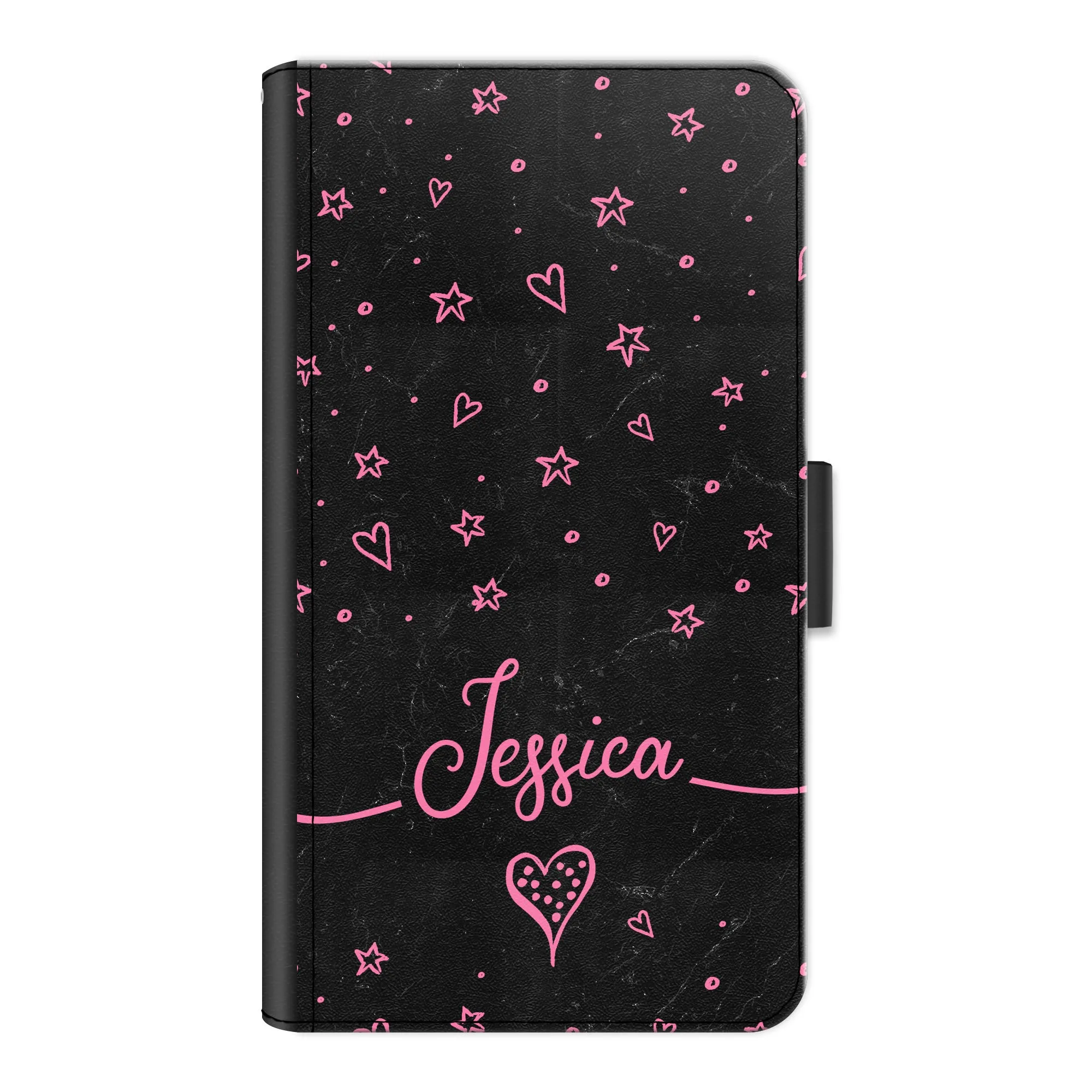 Personalised Honor Phone Leather Wallet with Pink Stylish text, Stars and Hearts on Black Marble