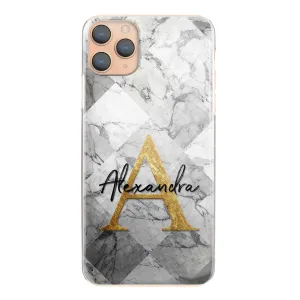 Personalised Motorola Phone Hard Case with Gold Monogram and Stylish Text on Patterned Grey Marble
