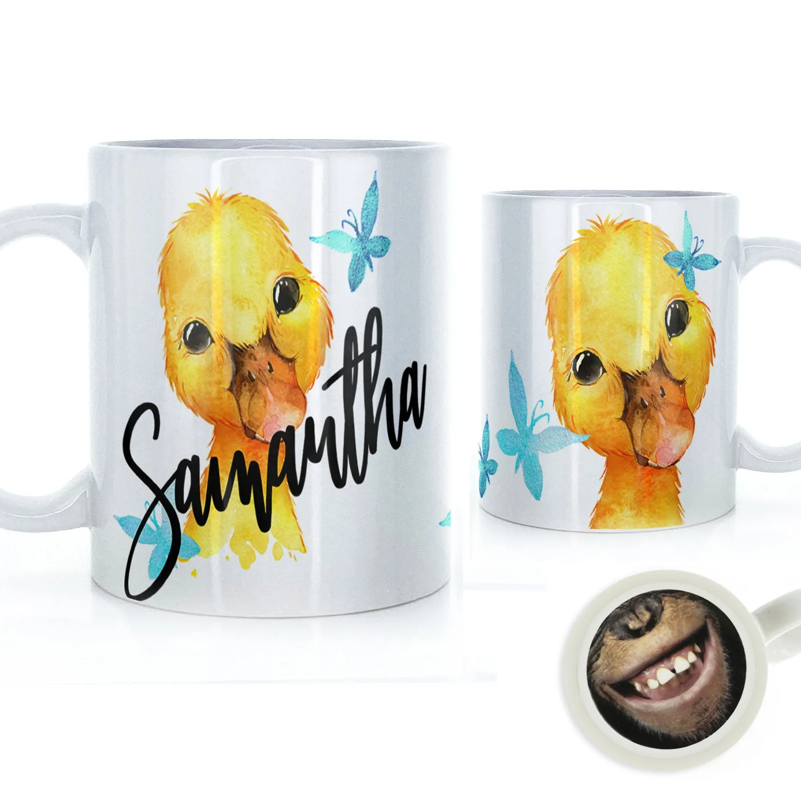 Personalised Mug with Stylish Text and Blue Butterfly Duckling