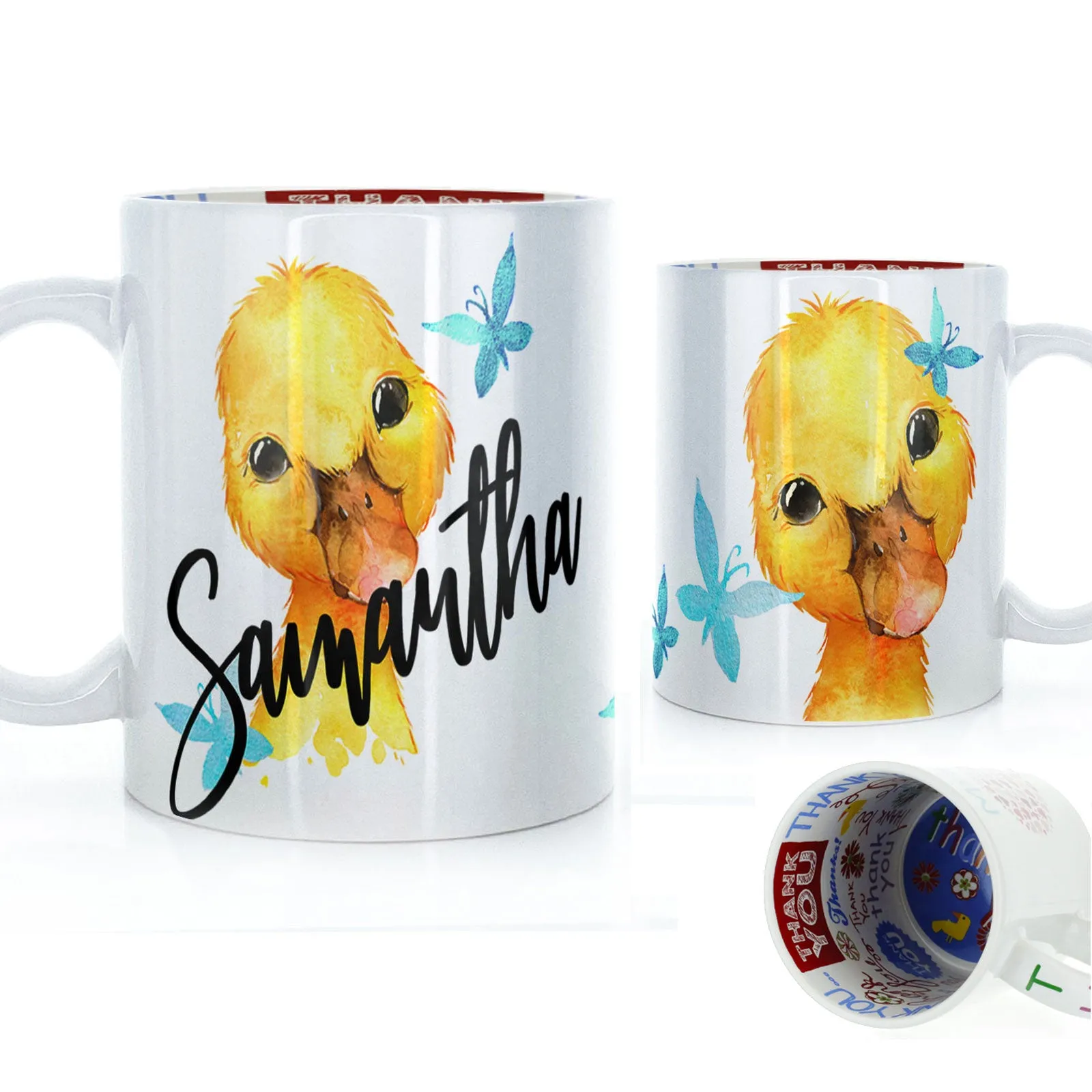 Personalised Mug with Stylish Text and Blue Butterfly Duckling