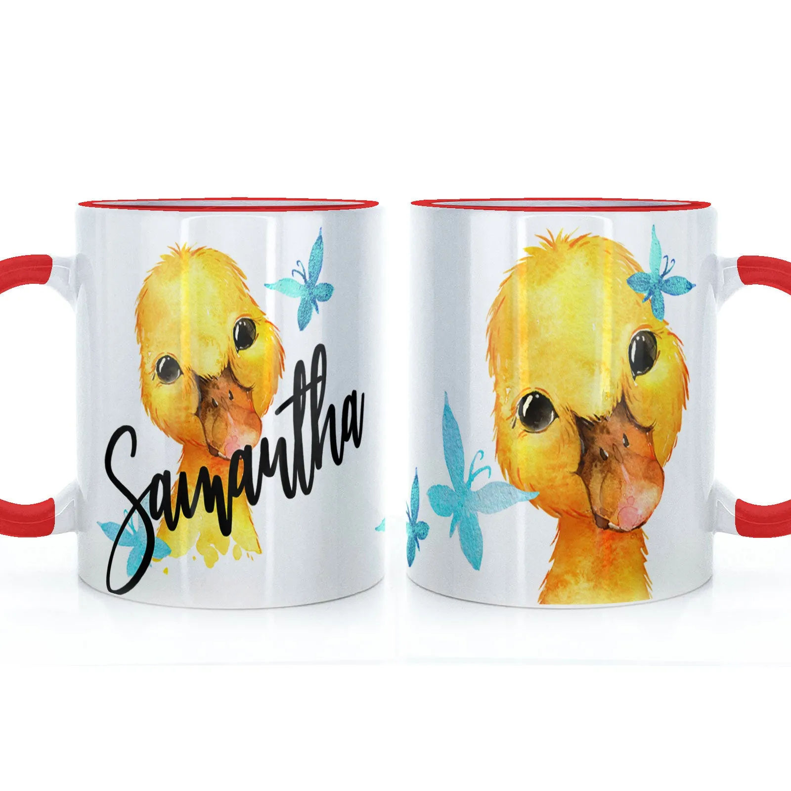 Personalised Mug with Stylish Text and Blue Butterfly Duckling