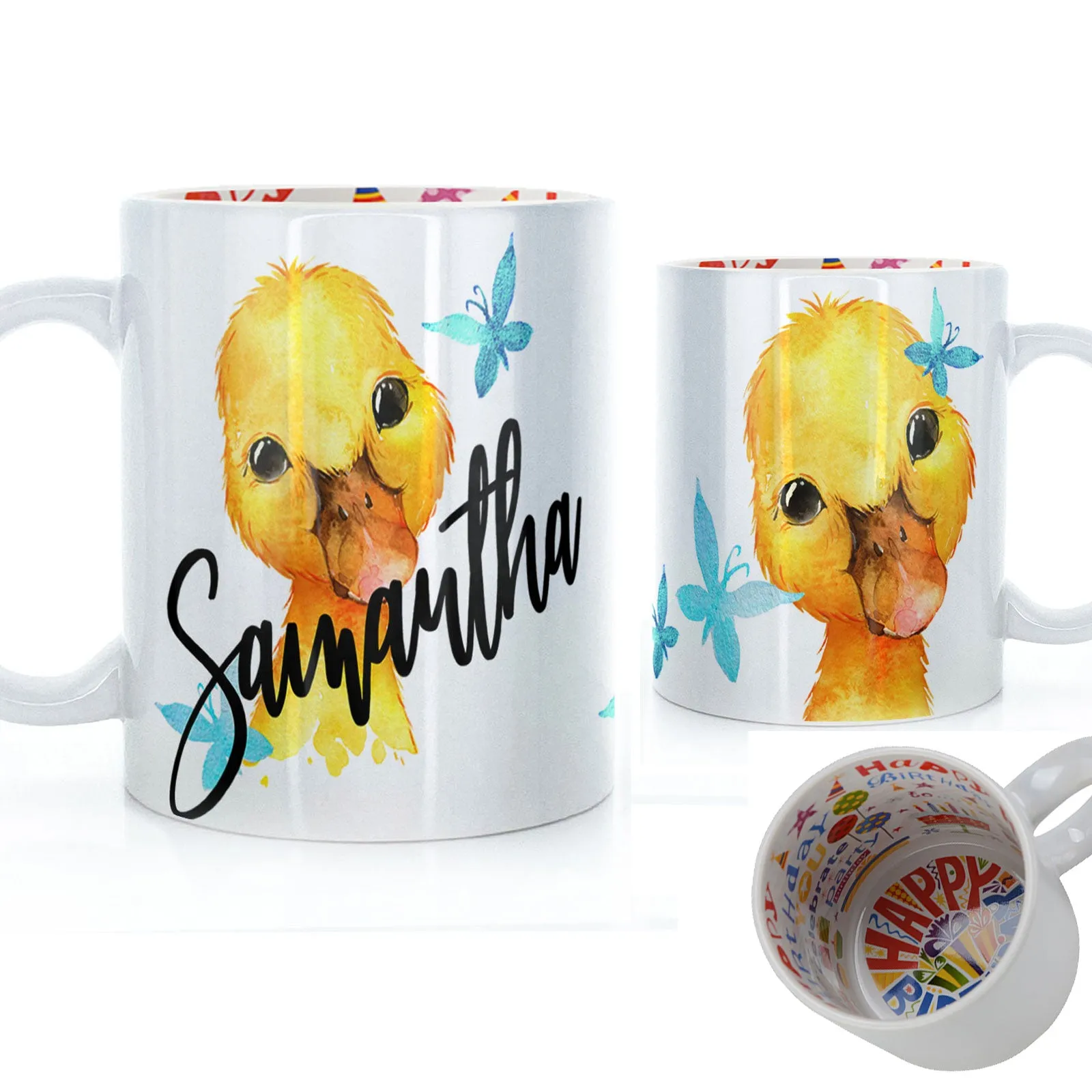 Personalised Mug with Stylish Text and Blue Butterfly Duckling
