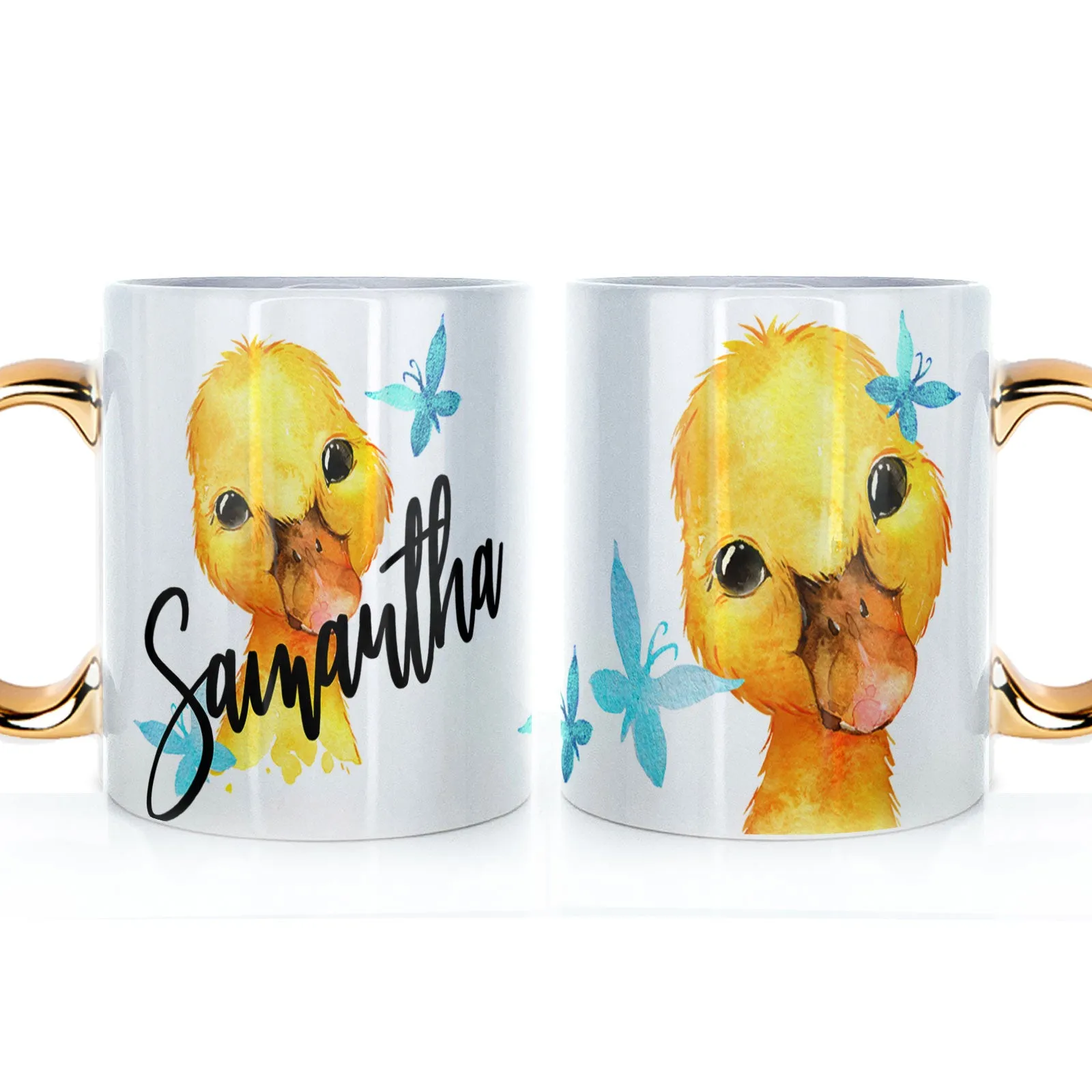 Personalised Mug with Stylish Text and Blue Butterfly Duckling