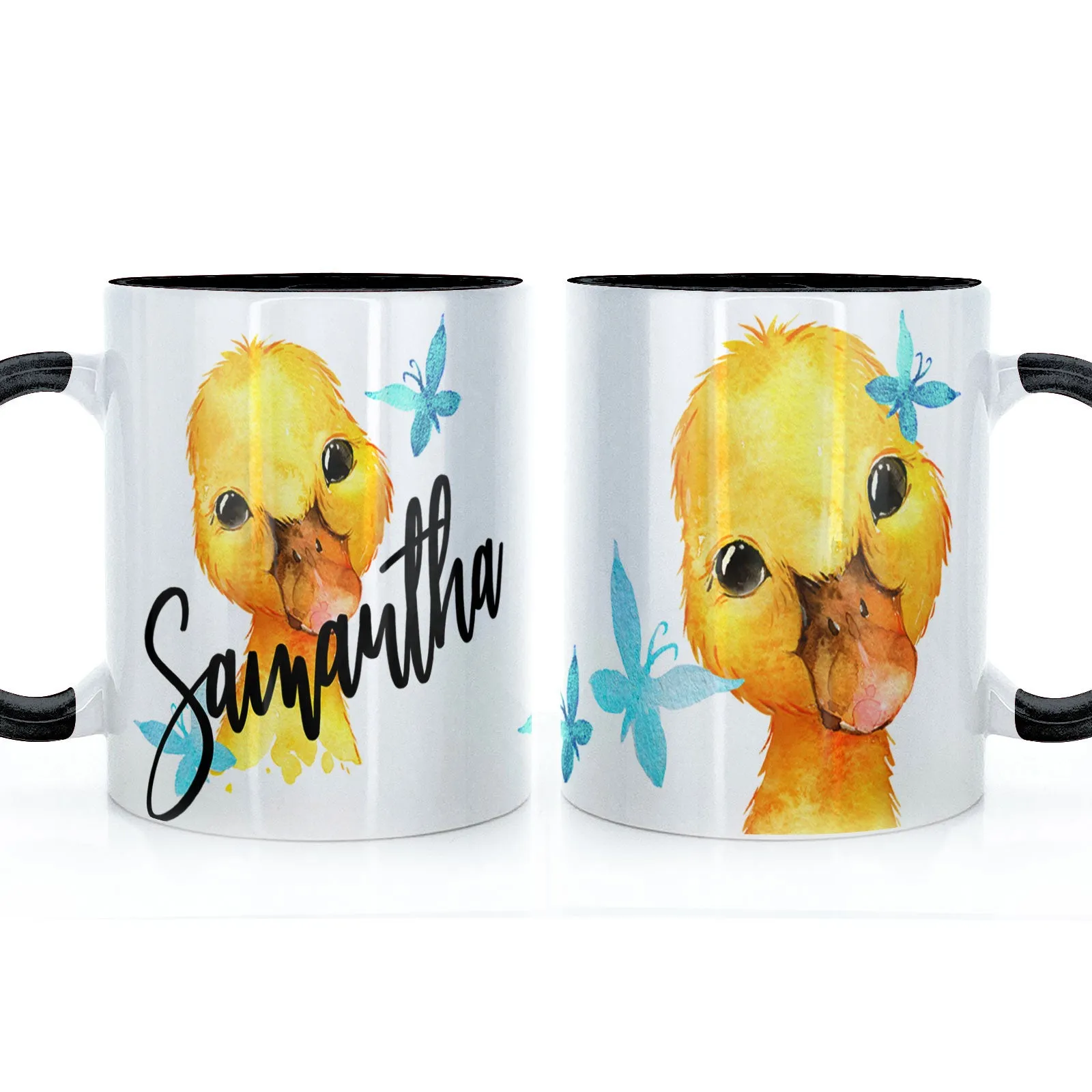 Personalised Mug with Stylish Text and Blue Butterfly Duckling