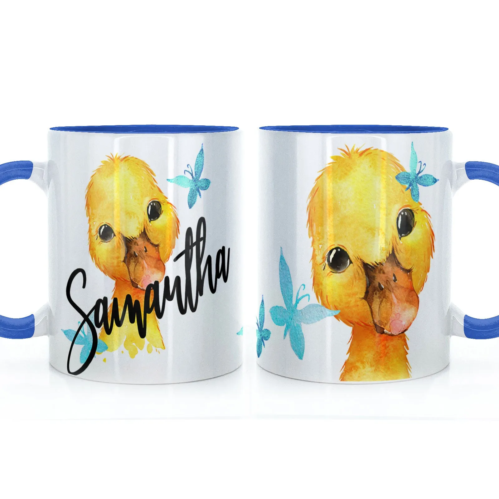 Personalised Mug with Stylish Text and Blue Butterfly Duckling