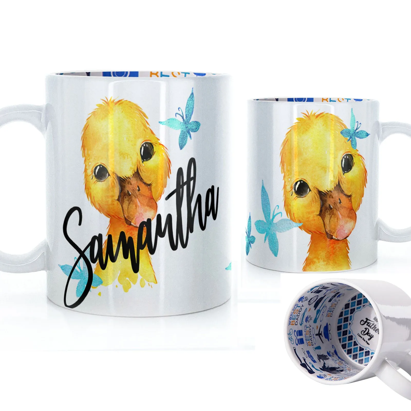 Personalised Mug with Stylish Text and Blue Butterfly Duckling