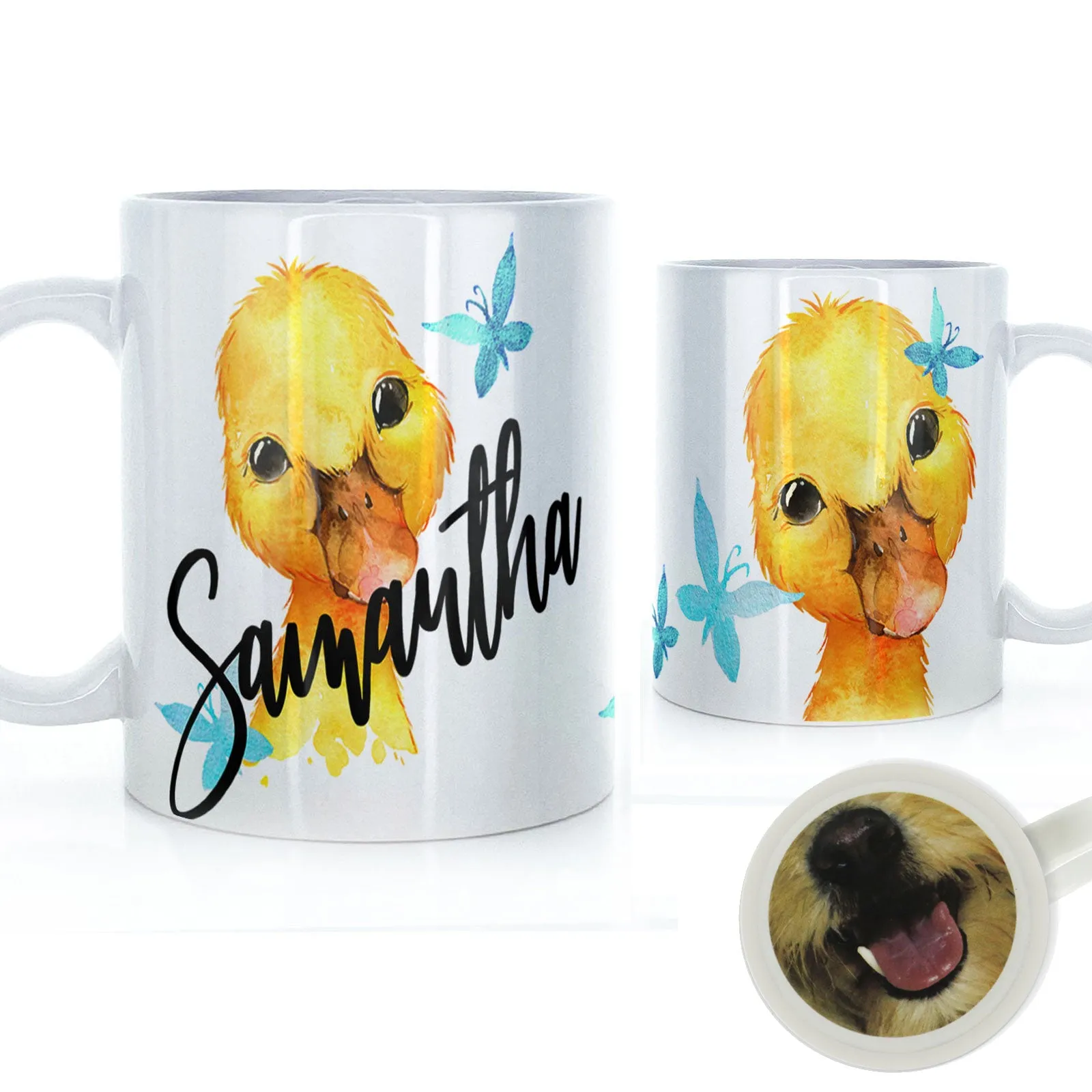 Personalised Mug with Stylish Text and Blue Butterfly Duckling