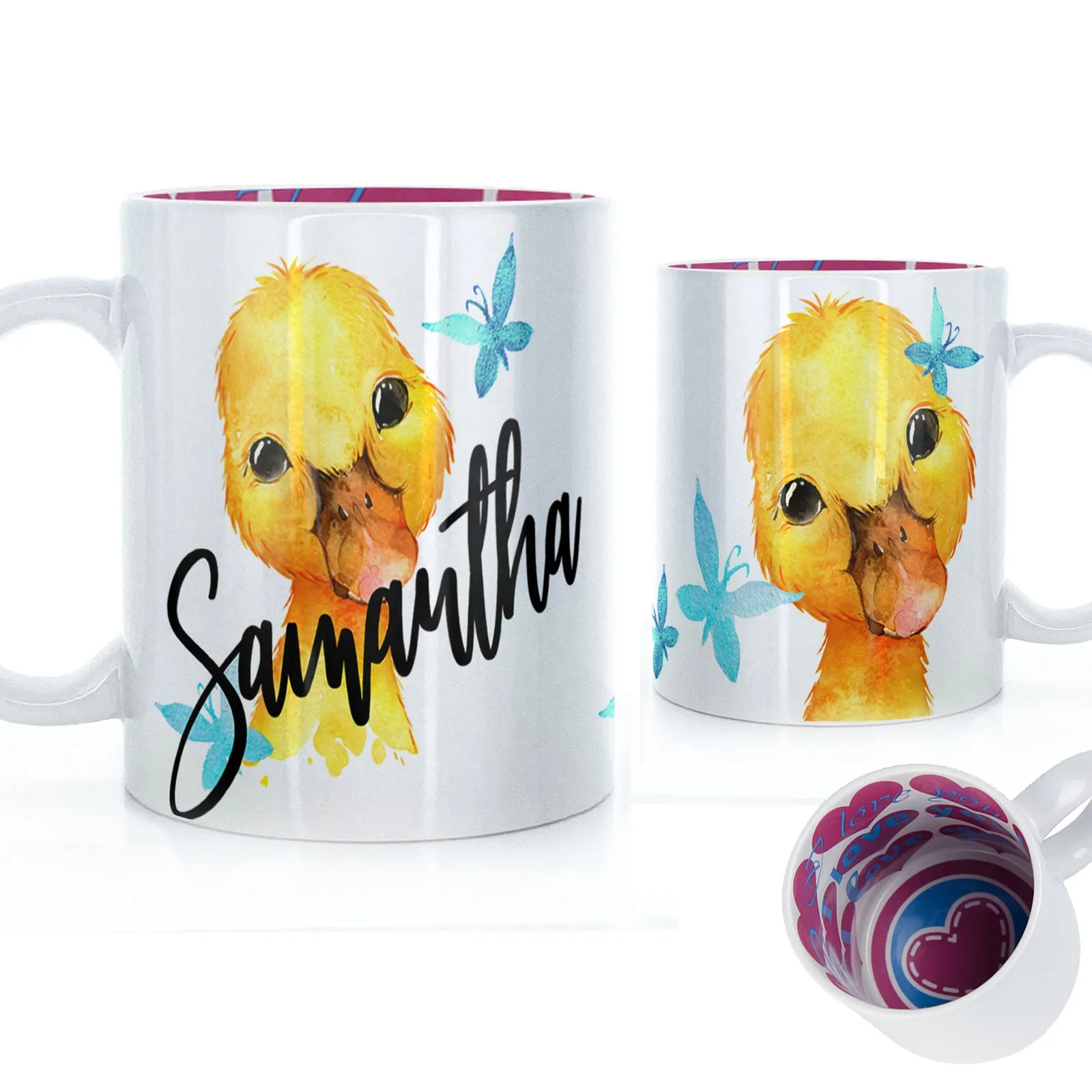 Personalised Mug with Stylish Text and Blue Butterfly Duckling