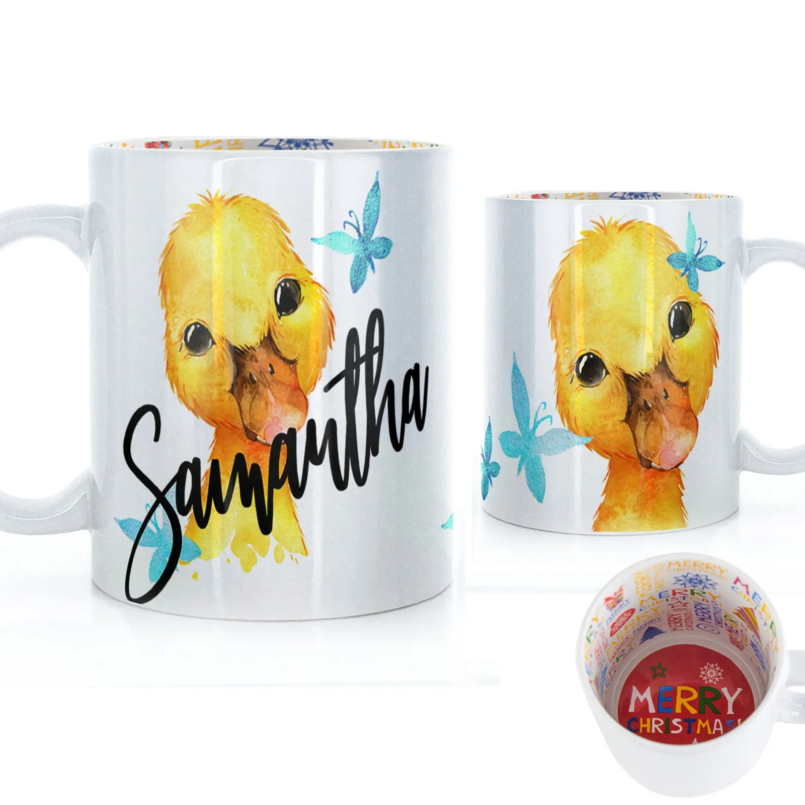 Personalised Mug with Stylish Text and Blue Butterfly Duckling