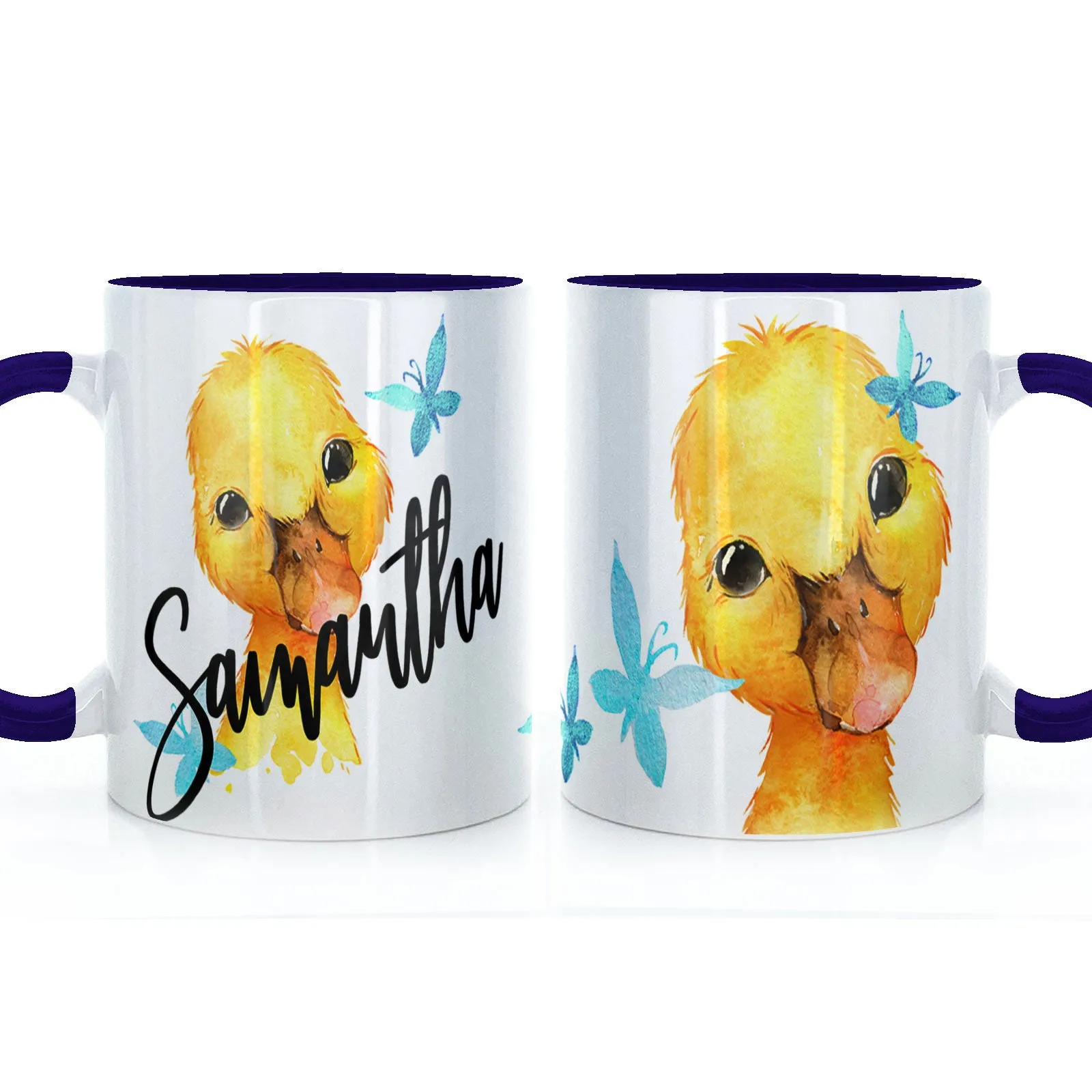 Personalised Mug with Stylish Text and Blue Butterfly Duckling