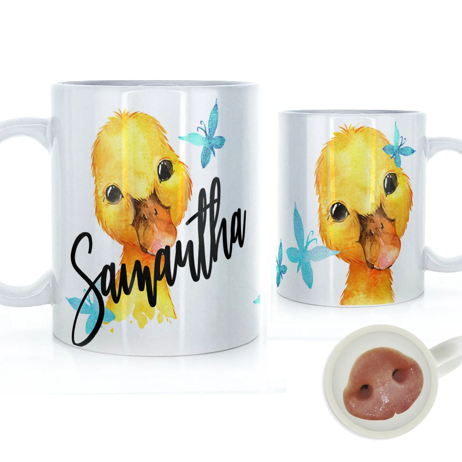 Personalised Mug with Stylish Text and Blue Butterfly Duckling