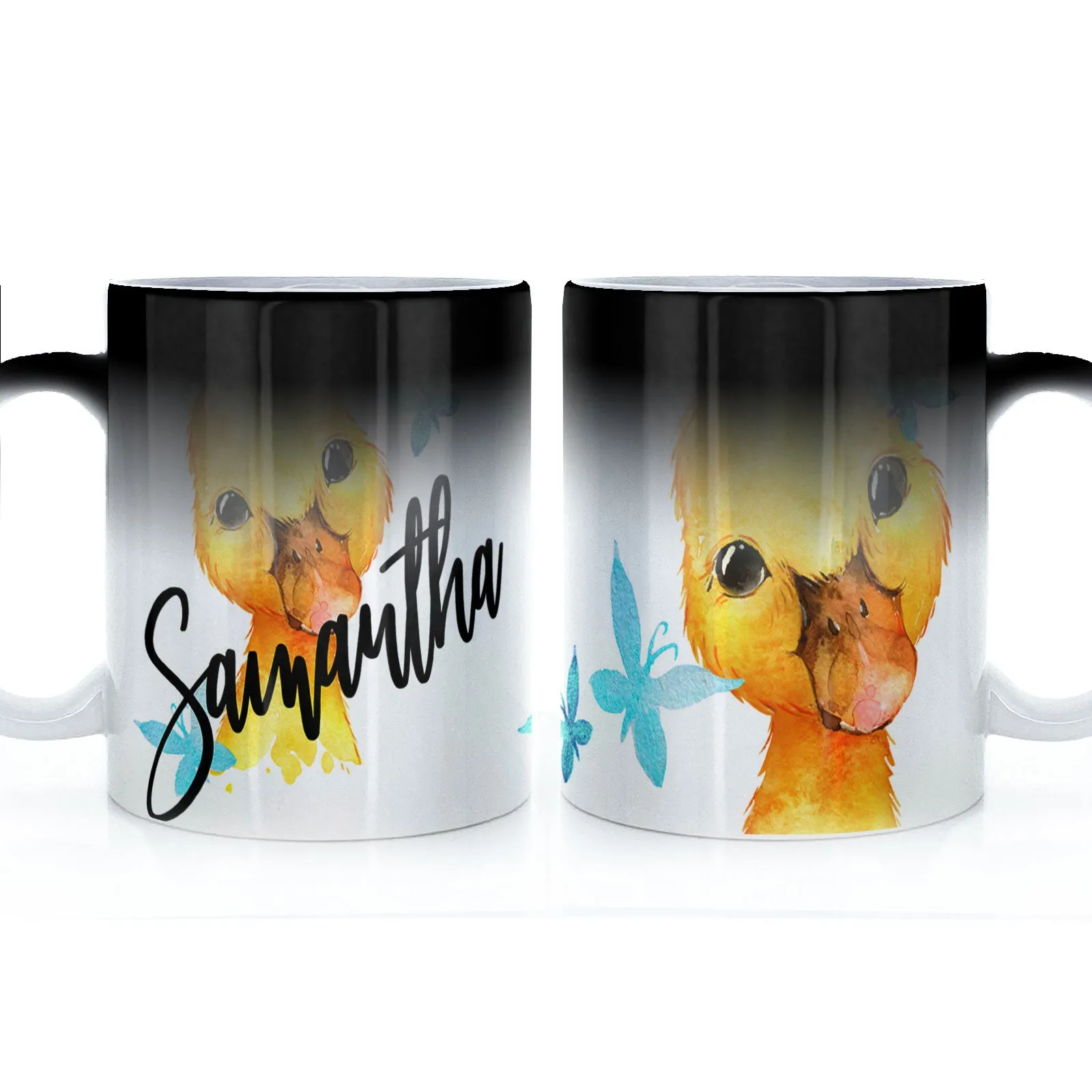 Personalised Mug with Stylish Text and Blue Butterfly Duckling