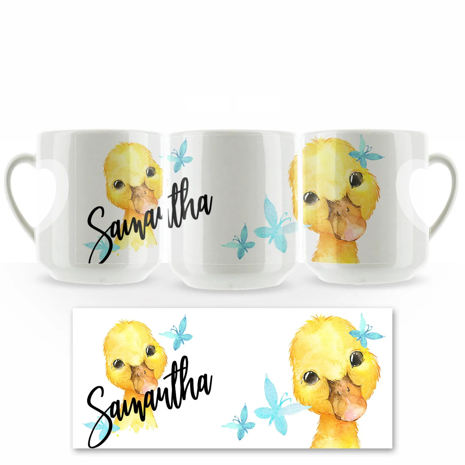 Personalised Mug with Stylish Text and Blue Butterfly Duckling